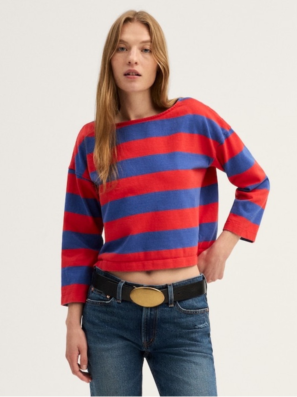 Madewell The Rugby Boatneck Long-Sleeve Tee in Club Cotton in Blue Red Stripe XL
